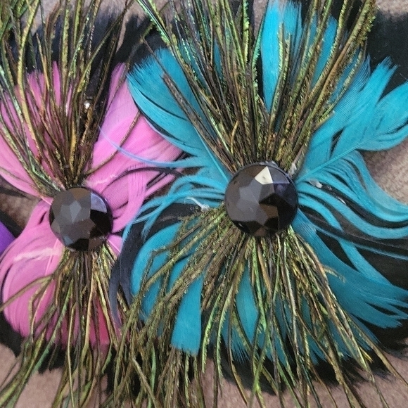 VTG 1980s Fairycore Doll Real Peacock Feather Bow Hair Clip Flamenco Barrettes - Picture 2 of 6